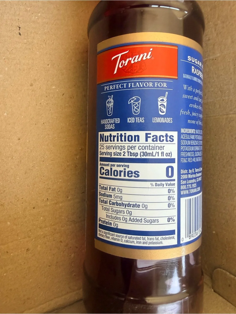 Torani Raspberry Sugar Free Syrup 25.4 fl oz.